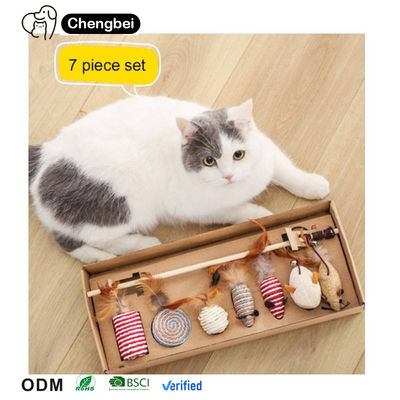 Cat Teaser Jouer à des jouets de chat Ensemble interactif Boîte cadeau en bois 7pcs